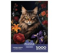 1000 Piece Maine Coon Jigsaw Puzzles for Adults Kids Challenge High Difficulty Game Home Decoration Maine Coon Lush Flowers Jigsaws Birthday Gifts 70x50cm/1000pcs