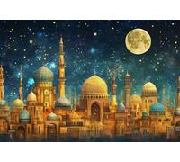 1000 Piece Middle Eastern Puzzle Blue Domes and Golden Towers Under Full Moon,Islamic Architecture Night Scene Jigsaw