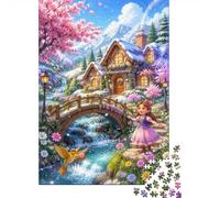 1000 Piece Mini Jigsaw Puzzle For Adults Cottage Bridge Flower Gift Idea | 38x26cm Cardboard Puzzle Lovers Family Bonding Puzzle Game Birthday Gift Living Room Decor