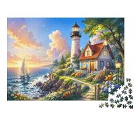 1000 Piece Mini Jigsaw Puzzle For Adults Lighthouse Cottage Sea Gift Idea | 52x38cm Cardboard Puzzle Lovers Family Bonding Puzzle Assembly Gathering Gift Living Room Decor