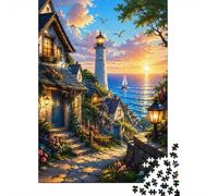 1000 Piece Mini Jigsaw Puzzle For Adults Lighthouse Cottage Sunset Birthday | 70x50cm Cardboard Puzzle Lovers Family Bonding Puzzle Game Gathering Gift Living Room Decor