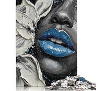 1000 Piece Monochrome Portrait with Blue Lips Painting Creative Square Jigsaw Puzzles for Adults & Wooden Puzzles Educational Toys 1000pcs (75x50cm)