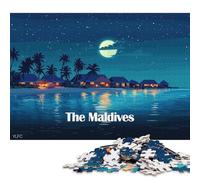 1000 Piece Nighttime Maldives Beach Resort Illustration Creative Square Jigsaw Puzzles for Adults & Wooden Puzzles Educational Toys 1000pcs (75x50cm)