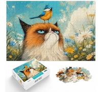 1000 Piece Paper Jigsaw Puzzle for Adults, Grumpy Cat with Bird on Head