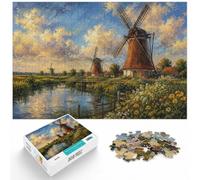 1000 Piece Paper Jigsaw Puzzle for Adults, Windmills in a Field Painting | For winter weekends, this adult jigsaw puzzle with 1000 pieces offers for the Christmas break.