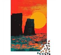 1000 Piece Paper Jigsaw, Red Coastal Ocean Sunset Minimalist Abstract Art Illustration, 52x38cm/1000pcs