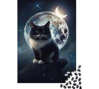 1000 Piece Picture Jigsaw, Floofy Cat Under The Moon, 70x50cm/1000pcs