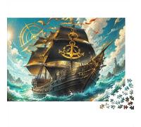 1000 Piece Pirate Ship Jigsaw Puzzle with Black Sails | 70x50cm Dramatic sailing vessel, Gold sail emblem, Turquoise waves, Adventure-inspired scene, Three size options