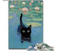 1000 Piece Puzzle Black Cat at The Pond Wooden Jigsaw Puzzles Family Interaction & Fun Gift, Vibrant Abstract Design 50X75CM