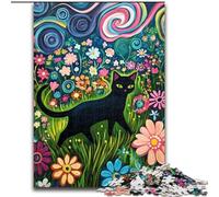 1000 Piece Puzzle Black Cat Walking in The Flowers Jigsaw Puzzles for Adults Family Interactive Game, Ideal for Teenagers, Brain Teaser Gift 26X38CM