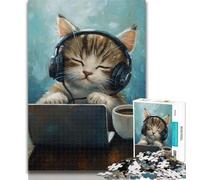 1000 Piece Puzzle Cat Listening to Music Puzzles for Adults Teens 1000 Pieces,Toys Educational Games Stress Relieving Enhance Love between Couples 50x75cm