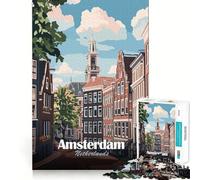 1000-piece Puzzle for Adults Amsterdam Netherlands Cityscape Illustration Premium Cut Play Smart Mind Activity Peace Fun Time Birthday Art Play (38x52cm)
