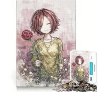 1000-piece Puzzle for Adults Anime Girl with Rose Precise Cut Art Thinking Game Play Leisure Time Fun Birthday Art Play (38x52cm)