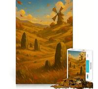 1000-piece Puzzle for Adults Autumn Landscape with Windmill And Stones Premium Cut Play Smart Mind Activity Peace Fun Time Birthday Art Play (50x75cm)