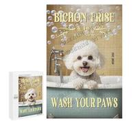 1000 Piece Puzzle for Adults - Bichon Frise Wash Your Paws - Premium Wooden Jigsaw Combining Canine Cuteness and Playful Humor