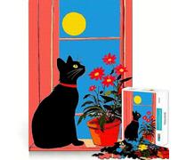 1000-piece Puzzle for Adults Black Cat by Window Sharp Cut Art Creative Skill Toy Idle Time Game Christmas Calm Gift (38x52cm)