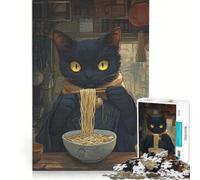 1000 Piece Puzzle For Adults Black Cat Eating Ramen, Brain Teaser Game, Difficult Hard, Improving Love between Couples 38x26cm