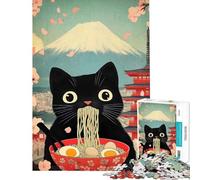 1000 Piece Puzzle For Adults Black Cat Eating Ramen with Mount Fuji Jigsaws for Adults Hands-on Game Perfect Decoration Deal As Gifts for The Whole Family (Size 38x26cm)