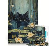 1000 Piece Puzzle For Adults Black Cat Hiding in River Clean Cut Piece Thinking Skill Game Calm Time Fun Xmas Scene Art (38x26cm)