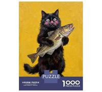1000 Piece Puzzle for Adults, Black Cat Holding A Fish Artwork, Relaxing Puzzle Experience, Seasonal Gift Choice, Durable Puzzle Pieces, 70x50cm/1000pcs