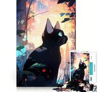 1000 Piece Puzzle For Adults Black Cat in A Dreamy Forest Clean Cut Piece Thinking Skill Game Calm Time Fun Xmas Scene Art (38x52cm)