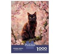 1000 Piece Puzzle for Adults, Black Cat in Cherry Blossom Artwork, Relaxing Puzzle Experience, Festive Season Fun, Pieces, 52x38cm/1000pcs