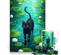 1000 Piece Puzzle For Adults Black Cat in Lily Pond Clean Fit Decor, Brain Activity Fun, Cozy Time Play, Festive Leisure Gift (38x52cm)