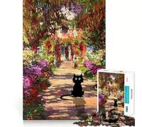 1000 Piece Puzzle For Adults Black Cat in Monet's Garden Clean Fit Decor, Brain Activity Fun, Cozy Time Play, Festive Leisure Gift (38x52cm)