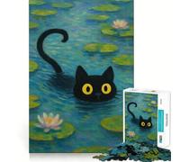 1000 Piece Puzzle For Adults Black Cat in Water Lilies Clean Fit Decor, Brain Activity Fun, Cozy Time Play, Festive Leisure Gift (38x26cm)