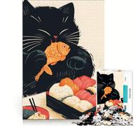 1000 Piece Puzzle For Adults Black Cat with Sushi - Chubby Cat, Brain Teaser Game, Difficult Hard, Improving Love between Couples 50x75cm