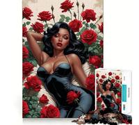 1000 Piece Puzzle For Adults Black Pin-Up with Sexy Black Bodysuit in Red Roses Clean Fit Decor, Brain Activity Fun, Cozy Time Play, Festive Leisure Gift (50x75cm)