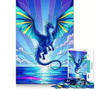 1000 Piece Puzzle For Adults Blue Dragon Stained Glass Illustration Clean Fit Decor, Brain Activity Fun, Cozy Time Play, Festive Leisure Gift (38x52cm)