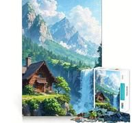 1000 Piece Puzzle For Adults Cabin by Waterfall in Mountain Landscape Clean Cut Piece Thinking Skill Game Calm Time Fun Xmas Scene Art (50x75cm)