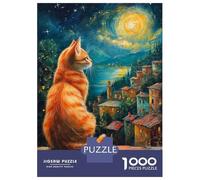 1000 Piece Puzzle for Adults, Cat Gazing at A Moonlit Village Artwork, Mindfulness Activity, for Puzzle Lovers, Pieces, 52x38cm/1000pcs