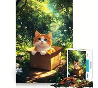 1000 Piece Puzzle For Adults Cat On A Box in Forest Neat Edge Decor Brain Activity Fun Easy Time Fun Birthday Mind Gift (38x52cm)