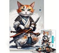 1000 Piece Puzzle For Adults Cat Samurai Japan Warrior Accurate Joint Fun Mental Skill Game Peace Time Play Xmas Art Gift (38x26cm)