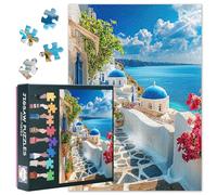 1000 Piece Puzzle for Adults - Charming Pathway with Vibrant Flowers, White Buildings and Blue-Domed Church Overlooking the Aegean Sea Jigsaw Puzzles for Adults - 27.5x19.7 Inches