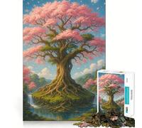 1000 Piece Puzzle For Adults Cherry Blossom Tree Island Waterfall Landscape Accurate Joint Fun Mental Skill Game Peace Time Play Xmas Art Gift (50x75cm)