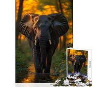1000 Piece Puzzle For Adults Elephant Walking Through Water at Sunset Educational Toy Art Work Gift Family Games with Matching Poster And Trivia Sheet Size 50x75cm