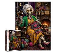 1000 Piece Puzzle for Adults Funny Skeleton Grandma Jigsaw Puzzle Lady Cozy Knitting Gothic Artwork Day of the Dead Style Fun Challenge Puzzles for Women Senior Family Activity Games Gift Home Decor