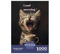 1000 Piece Puzzle for Adults, Good Morning Cat with Coffee Artwork, Mindfulness Activity, Seasonal Gift Choice, Precision Cut Pieces, 38x26cm/1000pcs
