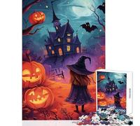 1000 Piece Puzzle For Adults Halloween Witch And Haunted House Home Decoration Toys Great Gift Practical Game with Matching Poster And Trivia Sheet Size 38x26cm
