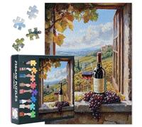 1000 Piece Puzzle for Adults - Idyllic Vineyard Window Display with Red Wine and Grapes, Premium Jigsaw Puzzles, 27.5x19.7 Inches