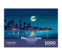 1000 Piece Puzzle for Adults, Nighttime Maldives Beach Resort Illustration Artwork, Challenging Brain Teaser, for Puzzle Lovers, Premium Puzzle Pieces, 70x50cm/1000pcs