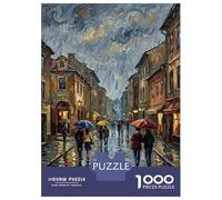 1000 Piece Puzzle for Adults, Rainy City Street with Umbrellas Artwork, Challenging Brain Teaser, for Puzzle Lovers, Precision Cut Pieces, 38x26cm/1000pcs