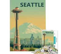 1000-piece Puzzle for Adults Seattle Travel Vintage Poster with Space Needle Jigsaw Puzzle 1000 Educational Toy Perfect Decoration Challenging Game And Family Play (38x52cm)