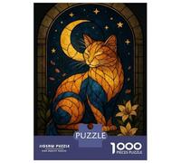 1000 Piece Puzzle for Adults, Stained Glass Cat And Moon Artwork, Relaxing Puzzle Experience, Seasonal Gift Choice, Durable Puzzle Pieces, 38x26cm/1000pcs