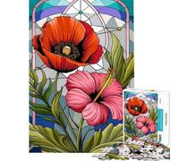 1000 Piece Puzzle For Adults Stained Glass Design ︰ Poppy And Hibiscus Harmony Jigsaw Puzzle Toy Wall Decor A Work of Art Deal As Gifts for The Whole Family (Size 38x26cm)