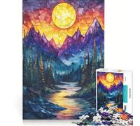 1000 Piece Puzzle For Adults Stained Glass Mountain Forest Autumn, Educational Game, Difficult Challenge, Enhance Love between Couples 38x52cm
