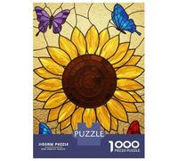 1000 Piece Puzzle for Adults, Stained Glass Sunflower with Butterflies Artwork, Mindfulness Activity, Idea, Durable Puzzle Pieces, 38x26cm/1000pcs